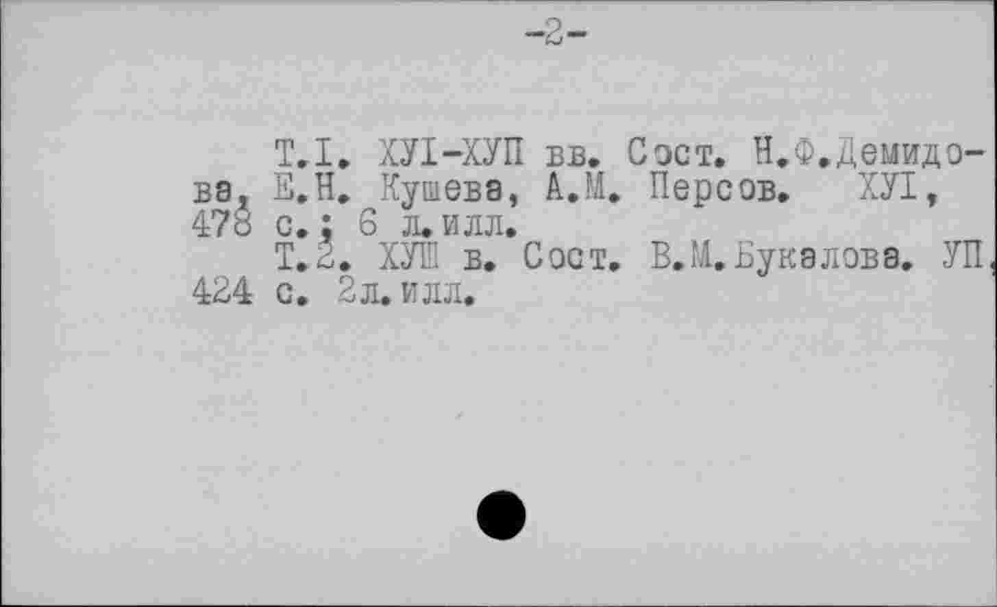 ﻿Т.І. ХУІ-ХУП вв. Сост. Н,Ф.Демидова, Е.Н. Кушева, А.М, Персов, ХУІ, 47о с. ; 6 л»илл,
Т.2. ХУШ в, Сост, В.ІА,Букалова, УП 424 с. 2л. илл.